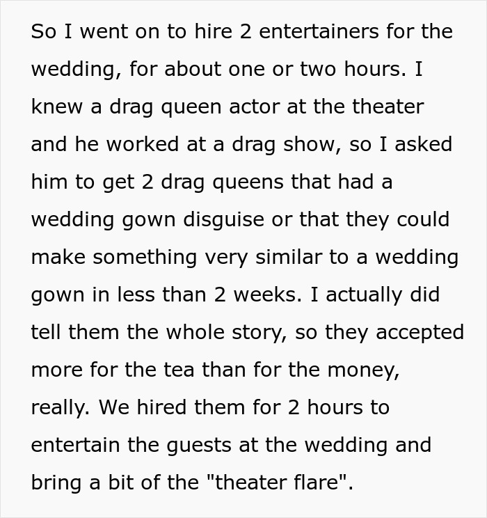 Two drag queens hired to entertain and address wedding drama involving a mother-in-law at a lively wedding event.