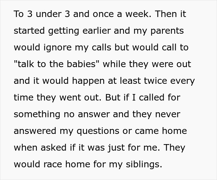 Text about parents obsessed with having kids forcing older son to babysit siblings and ignoring his calls.