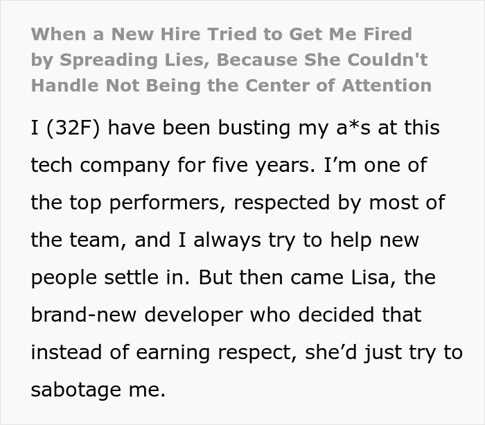 Text excerpt describing a toxic newbie at a tech company who spreads lies and faces consequences with HR.