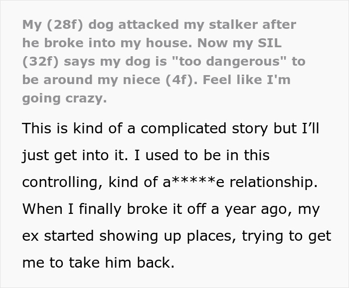 Text excerpt describing a dog attacking a stalker who broke into a woman’s home and being labeled too dangerous around kids. Text excerpt describing a dog attacking a stalker who broke into a woman’s home and being labeled too dangerous around kids.