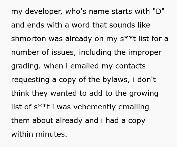 Text excerpt highlighting a homeowner&rsquo;s fight against petty HOA issues with persistent follow ups and legal concerns.