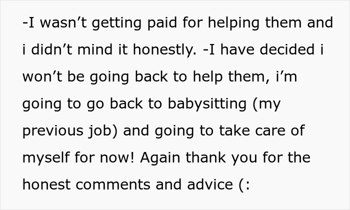 Text post about quitting helping with triplets, deciding to focus on babysitting and self-care instead. Text post about quitting helping with triplets, deciding to focus on babysitting and self-care instead.