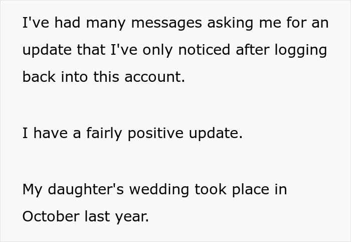 Text showing a positive update about a man whose relationship with daughter was strained over wedding in his yard.