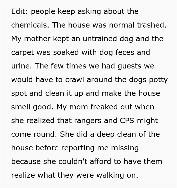 Alt text: Text describing a mother’s neglectful home environment and regret after telling her teen son to leave. - 21