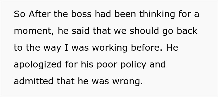 Text discussing a boss admitting wrong after trying to fix a non-issue by banning flexible hours, causing more problems. Text discussing a boss admitting wrong after trying to fix a non-issue by banning flexible hours, causing more problems.