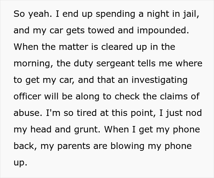 Text excerpt describing a man spending a night in jail and facing accusations of domestic violence from his wife.