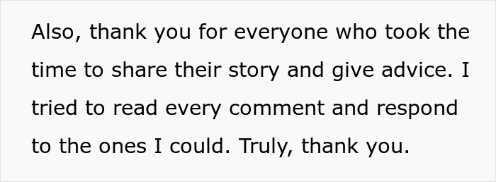 Text expressing gratitude to readers for sharing stories and advice while responding to some comments.