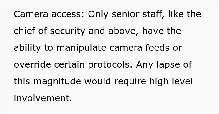 Text explaining camera access restrictions, highlighting high-level involvement needed to manipulate feeds or override protocols.