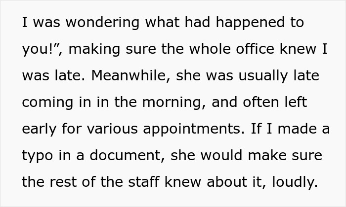 Text excerpt describing a person calling an obnoxious coworker's bluff and organizing a retirement party to force her to quit.