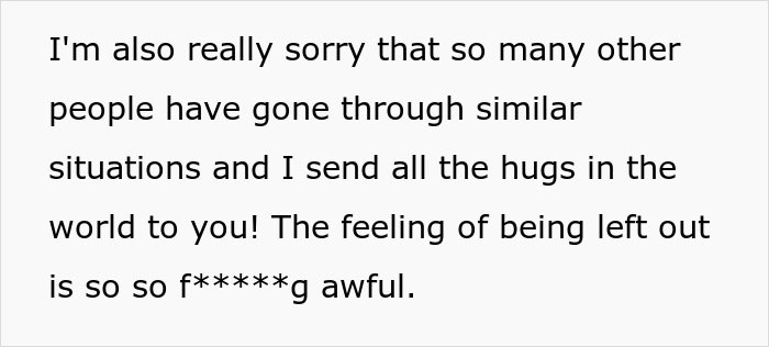 Text excerpt showing an apology and empathy for people going through similar family vacation struggles and feeling left out.