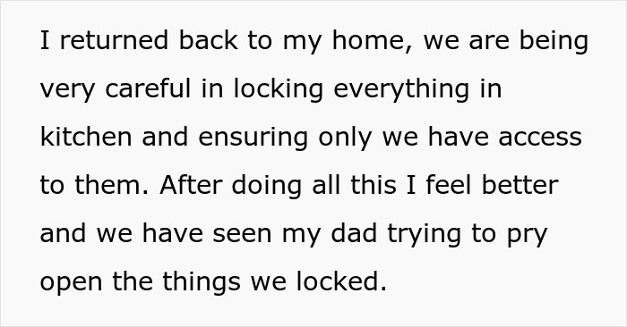 Text from a person explaining they get sick after eating food touched by their dad and suspect intentional harm.