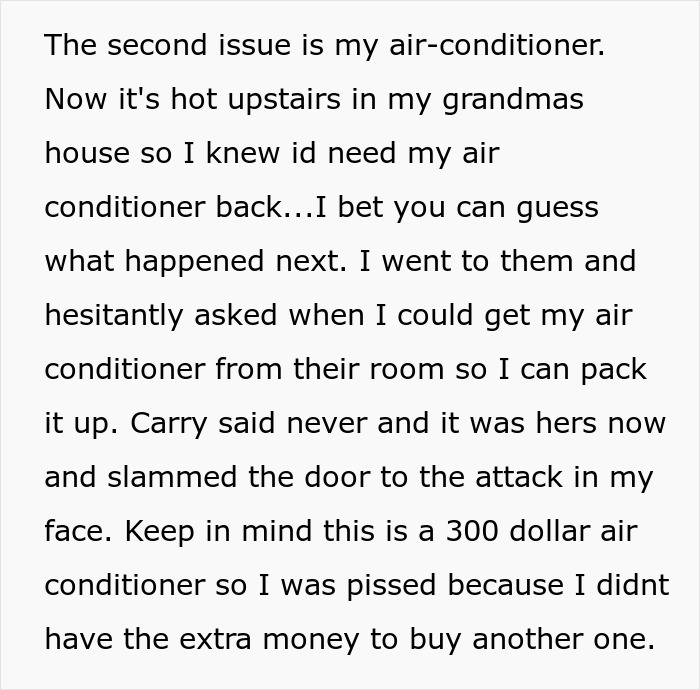 Text about roommates refusing to return an air conditioner and slamming the door during a heated dispute.