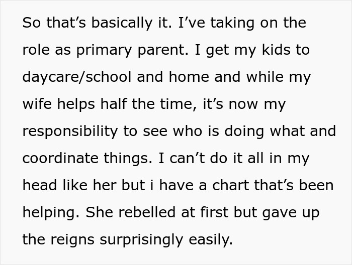 Text excerpt describing a man taking on the role of primary parent, coordinating tasks while wife helps occasionally.