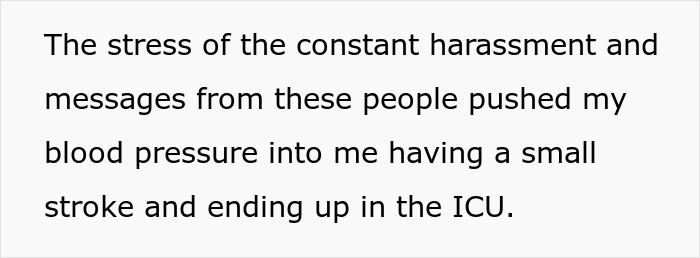 Text about stress from harassment causing high blood pressure, small stroke, and ICU hospitalization. Text about stress from harassment causing high blood pressure, small stroke, and ICU hospitalization.