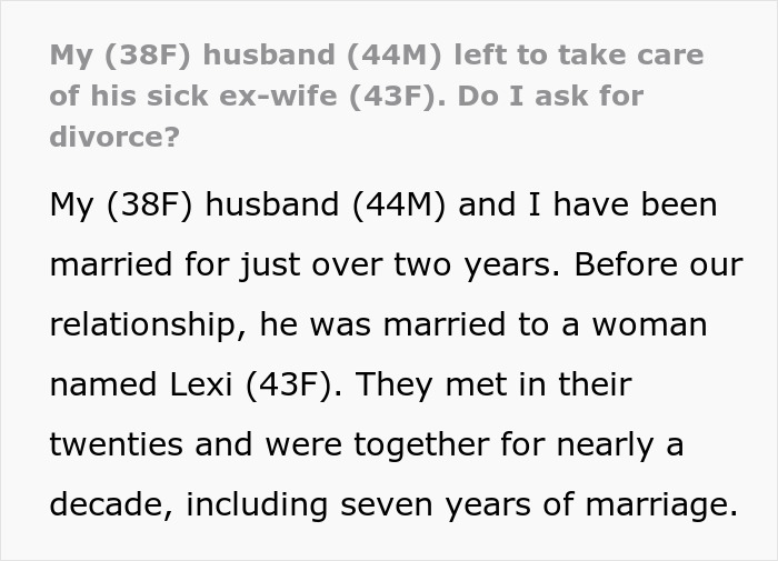 Woman questions marriage after husband leaves to care for terminally ill ex-wife in a complex relationship situation.