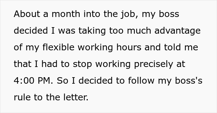 Text showing an employee's story about their boss banning flexible working hours, leading to workplace issues. Text showing an employee's story about their boss banning flexible working hours, leading to workplace issues.