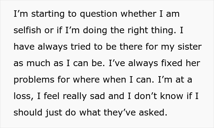Text describing family conflict over money demand, with woman feeling sad and questioning if she should comply.