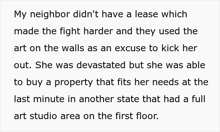Text describing a landlord&rsquo;s daughter losing her fight over a cool house due to art issues and finding a new property with an art studio.