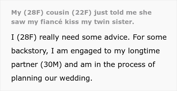 Fianc&eacute; caught kissing bride&rsquo;s twin sister, causing bride&rsquo;s world to crumble during wedding planning.