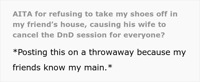 Screenshot of a social media post about refusing to take shoes off at a friend&rsquo;s house due to a medical condition.