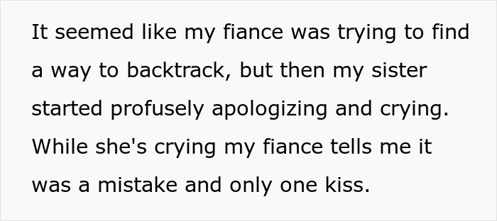 Text excerpt showing a bride&rsquo;s fianc&eacute; confessing a mistake while her twin sister apologizes and cries in distress.
