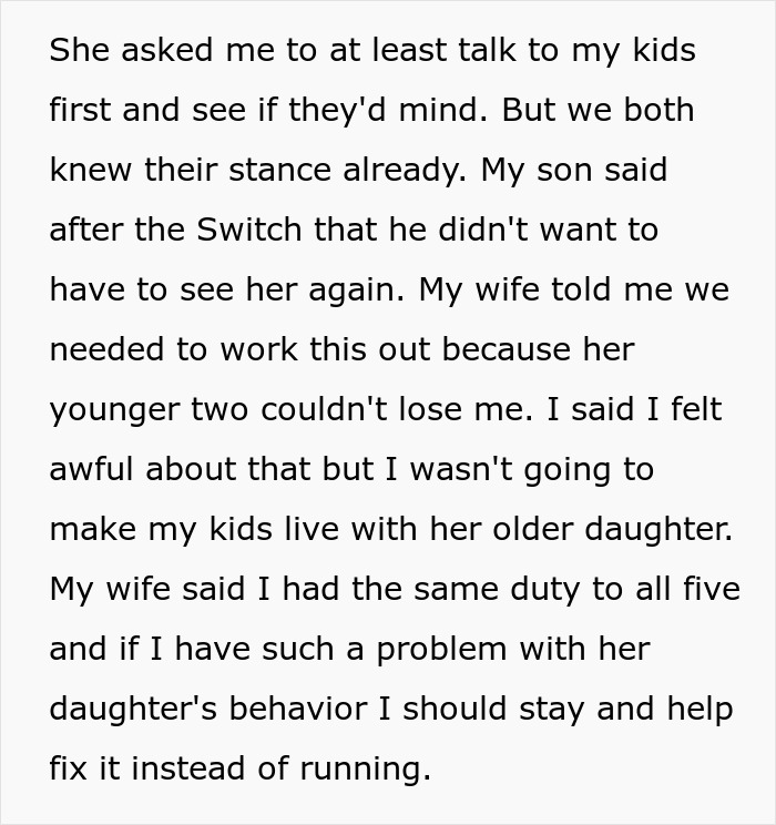 Text discussing a man refusing to let wife&rsquo;s daughter live with his kids, leading to marriage issues.