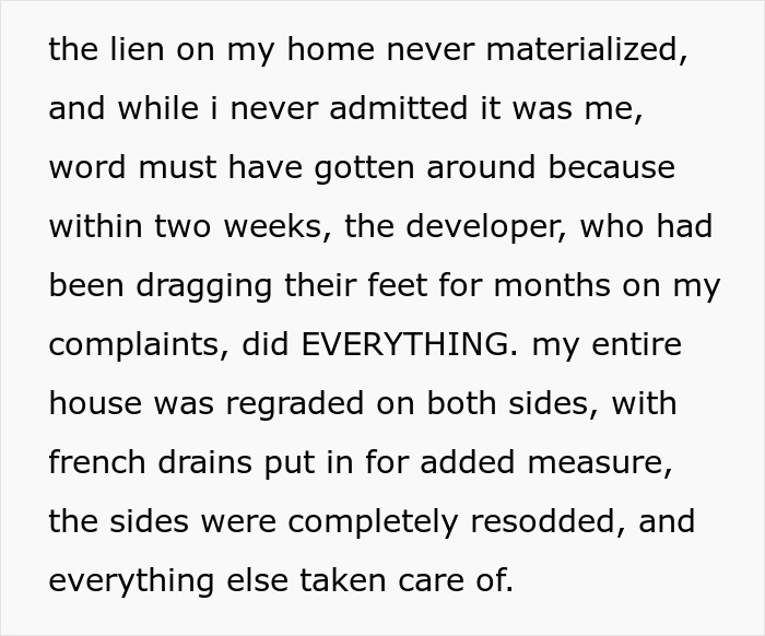 Text excerpt describing successful resolution of home issues after persistent follow ups dealing with HOA and developer delays.