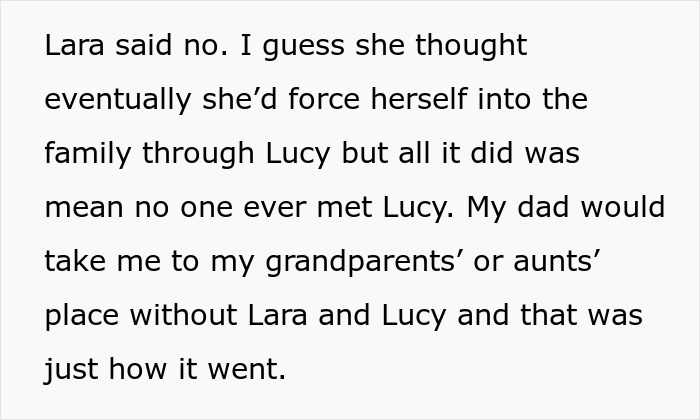 Text excerpt explaining why grandparents do not see the affair baby, highlighting family exclusion and secrecy.