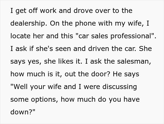 Text showing a husband describing a car dealership visit where the wife discusses car options with a salesman.