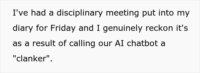 Alt text: Worker disciplined after using slurs against AI chatbot in workplace communication.