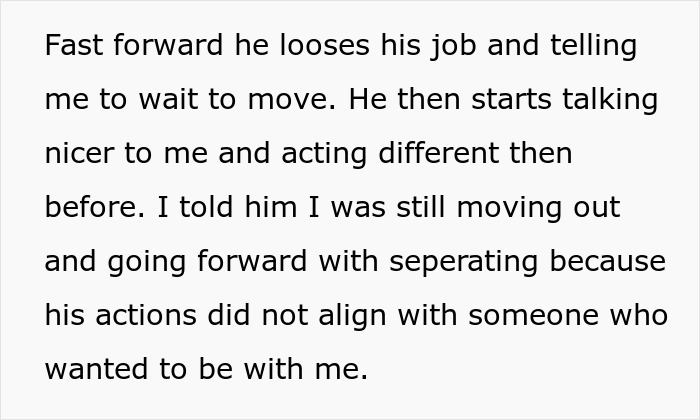 Text on a white background explaining a man loses his job and changes his behavior after demanding divorce from his wife. Text on a white background explaining a man loses his job and changes his behavior after demanding divorce from his wife.