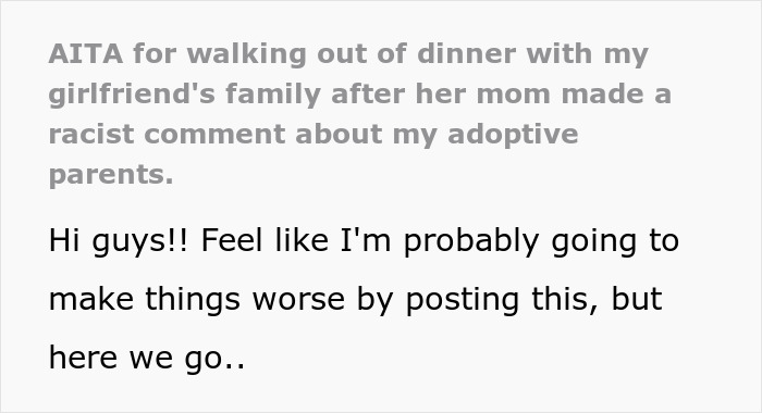 Screenshot of a Reddit post discussing walking out of dinner after racist insults by girlfriend&rsquo;s mom toward Black parents.
