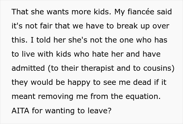 Text excerpt about a man struggling to connect with fiancee&rsquo;s kids who openly dislike him, considering breakup after years.