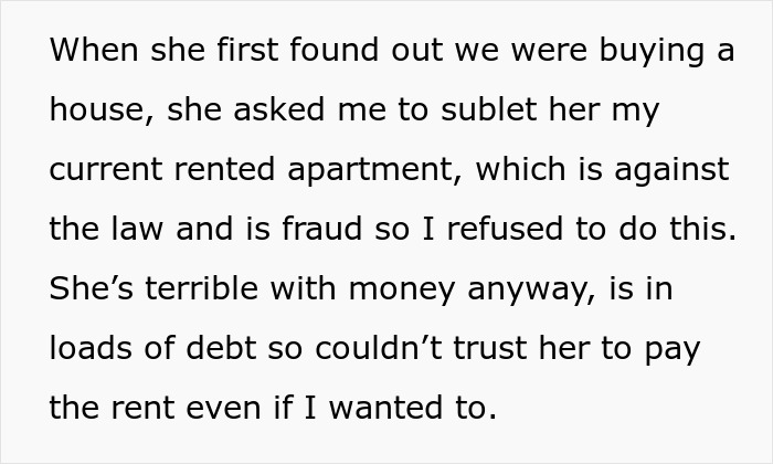 Text excerpt explaining a family dispute over money and trust involving renting an apartment and debt concerns.