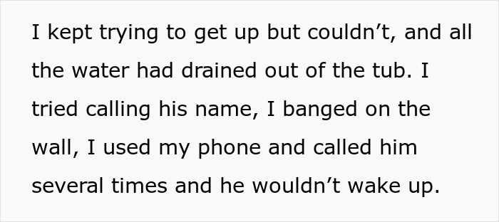 Text describing a heavily pregnant woman stuck in a bathtub, calling for help while her partner angrily ignores her.