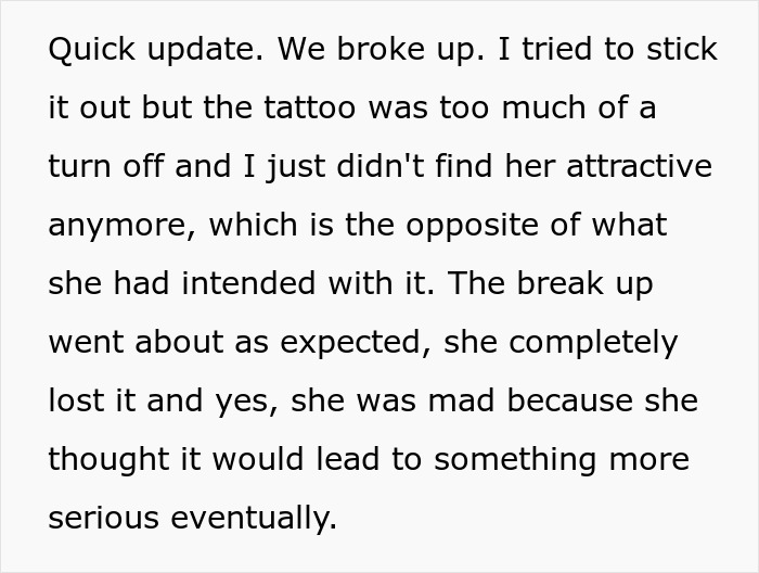 Text explaining a breakup caused by a girlfriend&rsquo;s massive tattoo being a turn off and affecting attraction.