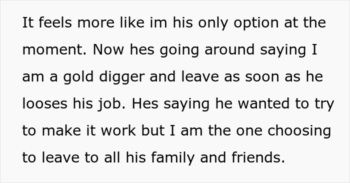 Text excerpt in black font on a white background about a man calling his wife a gold digger and discussing job loss and divorce. Text excerpt in black font on a white background about a man calling his wife a gold digger and discussing job loss and divorce.