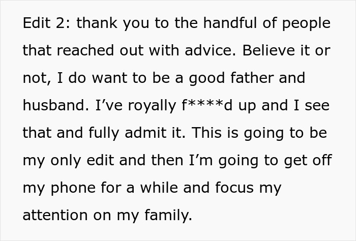 Text post showing a man admitting mistakes and focusing on family, proving wife couldn&rsquo;t do it without him wrong.