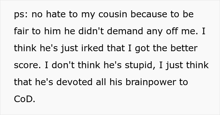 Text post discussing a cousin who focused on gaming while the author achieved a better score, causing some family tension.