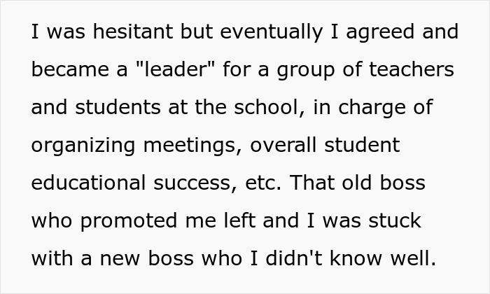 Text excerpt describing a woman hesitantly becoming a leader before a new boss replaces the old one in her workplace. Text excerpt describing a woman hesitantly becoming a leader before a new boss replaces the old one in her workplace.