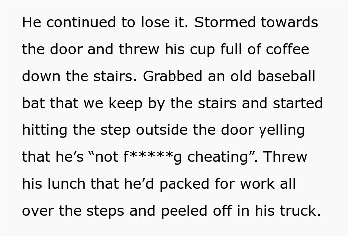 Man reacts angrily after woman finds mysterious sock at home, throwing coffee and hitting steps with a baseball bat.
