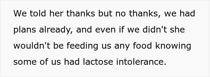 Text excerpt explaining a family's refusal of food from grandma due to a child's lactose intolerance, sparking drama.