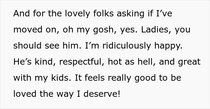 Text excerpt showing a woman expressing happiness and reflecting on separation and divorce differences.