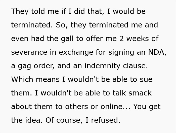 Text excerpt showing an employee describing being terminated and offered severance with NDA, related to boss making life difficult.