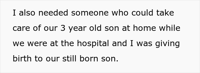 Text excerpt about a woman giving birth to a stillborn son and needing care for their 3-year-old at home. Text excerpt about a woman giving birth to a stillborn son and needing care for their 3-year-old at home.