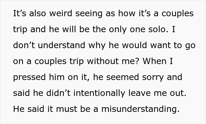 Text excerpt discussing a woman discovering her boyfriend told friends she couldn&rsquo;t join couples trip.