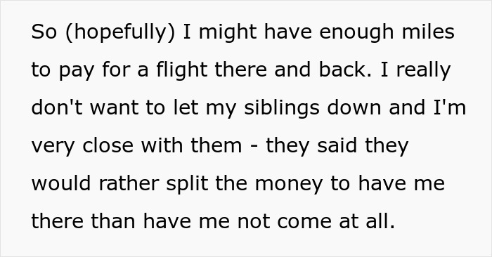 Text excerpt about woman hoping to pay for flight miles to avoid siblings covering her cost on Christmas gift trip.