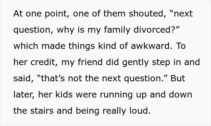 Text excerpt describing a woman dealing with her friend’s rowdy kids at an event, leading to childfree events. - 5