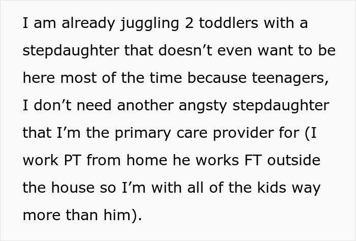 Text about managing life with two toddlers and an unwanted stepdaughter after broken promise of a quiet family life.