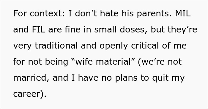 Text excerpt explaining a man secretly inviting his parents to stay, causing tension with his girlfriend who criticizes traditional views.